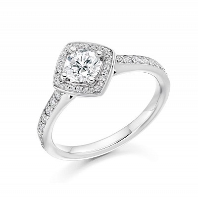 Round Brilliant Diamond Solitaire with Diamond Halo & Shoulders