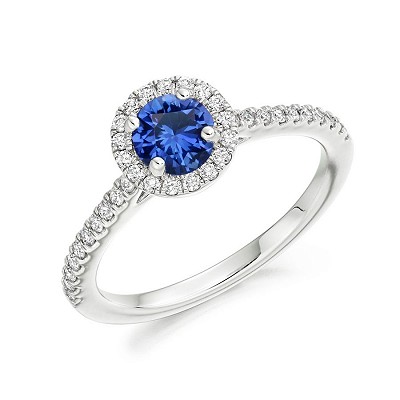 Round Brilliant Sapphire with Diamond Halo & Shoulders