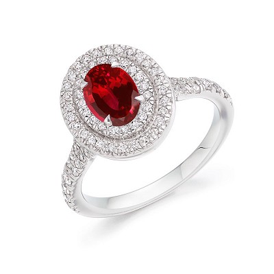 Oval Ruby with Double Diamond Halo & Shoulders