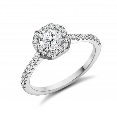 Round Brilliant Diamond Solitaire with Diamond Halo & Shoulders