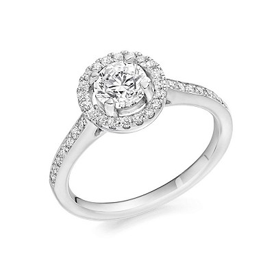 Round Brilliant Diamond Solitaire with Diamond Halo & Shoulders