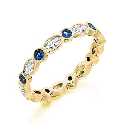 Yellow Gold Sapphire & Diamond Marquise & Round Brilliant Cut Full Eternity Ring