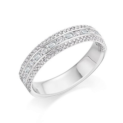 White Gold Round Brilliant & Baguette Cut Diamond 3 Row Half Eternity Ring