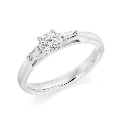 Round Brilliant Diamond Solitaire with Diamond Baguette Shoulders