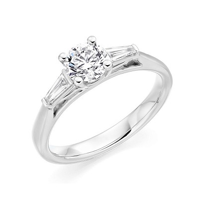 Round Brilliant Diamond Solitaire with Diamond Baguette Shoulders